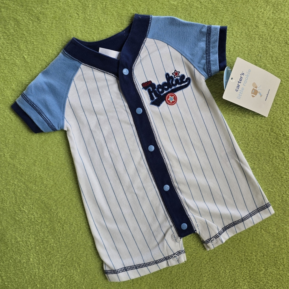 NWT  3-6M  BABY BOY ROMPER Red White & Blue Striped BASEBALL LITTLE ROOKIE (M3)